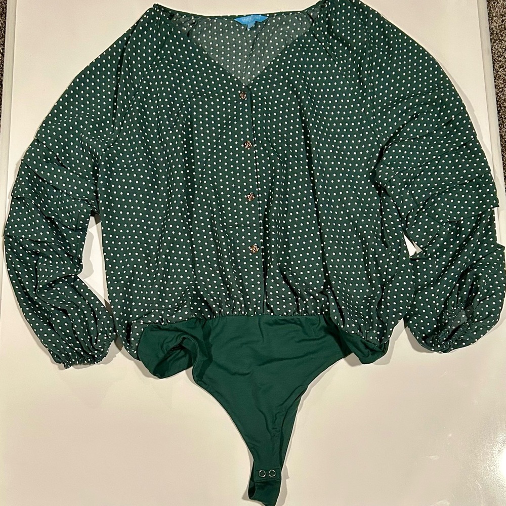 NWT Draper James RSVP Green/White Polka Dot 3/4 Sleeve Bodysuit, Women's 1X